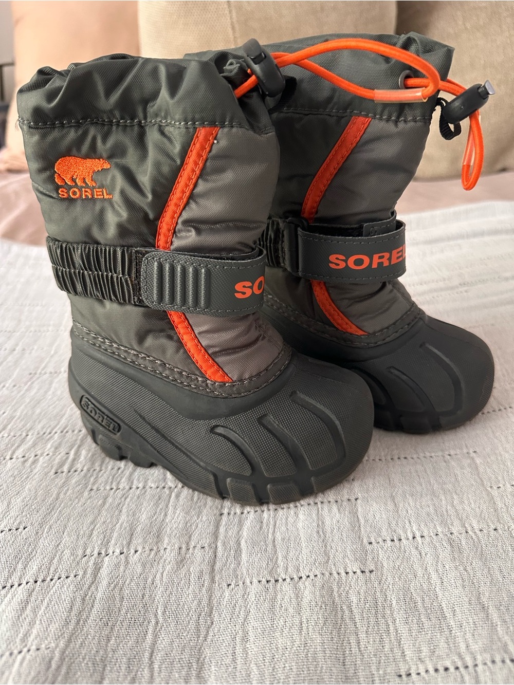 Sorel Kids Winter Boots in Gray with Orange Accents